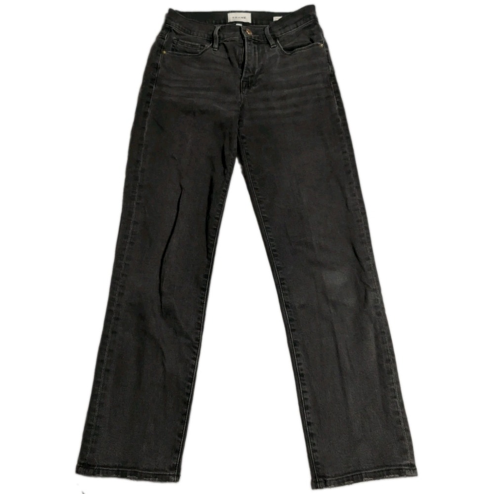 FRAME Le Nouveau Straight Jeans Womens 26 Black Raw Hem Stretch Denim USA